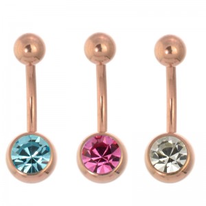 Rose Gold PVD Coated Steel Single Jewelled Navel Bars (PFRG80)