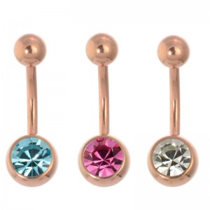 Rose Gold PVD Coated Steel Single Jewelled Navel Bars (PFRG80)