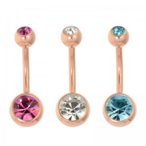 Rose Gold PVD Coated Steel Double Jewelled Navel Bar (PFRG88)