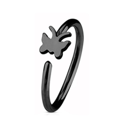 Black PVD Coated Steel Nose Ring Fixed Butterfly (NR271B)