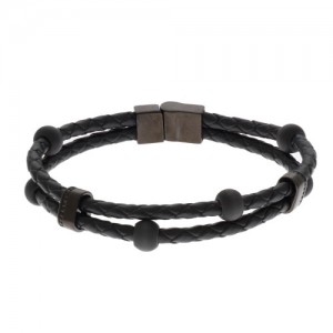 Inspirit Steel,Leather And Carbon Fibre Bead Bracelet (ISB732E)