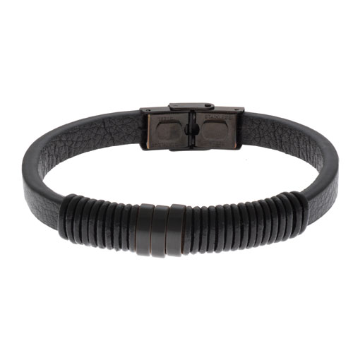  Inspirit Black Leather And Steel Bracelet (ISB1094-B)