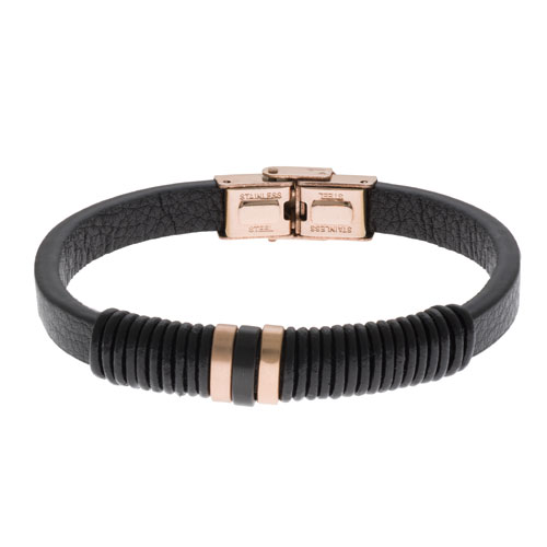 Inspirit Black Leather And Rose Gold Steel Bracelet (ISB1094-RG)