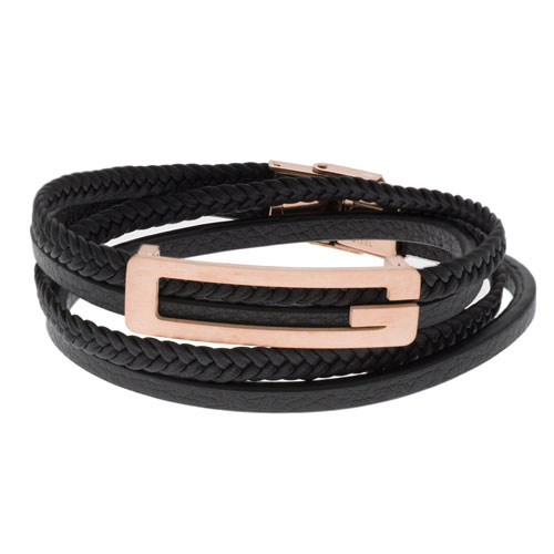 Inspirit Black Leather And Rose Gold Bracelet (ISB1099-RG)