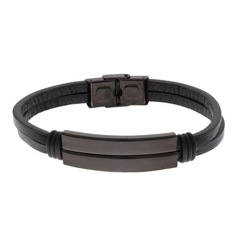 Inspirit Matt Black Steel Leather Bracelet (ISB1100-B)