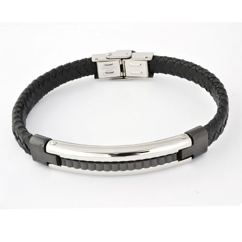 Inspirit Black Leather And Steel Bracelet ( TLB209-2)
