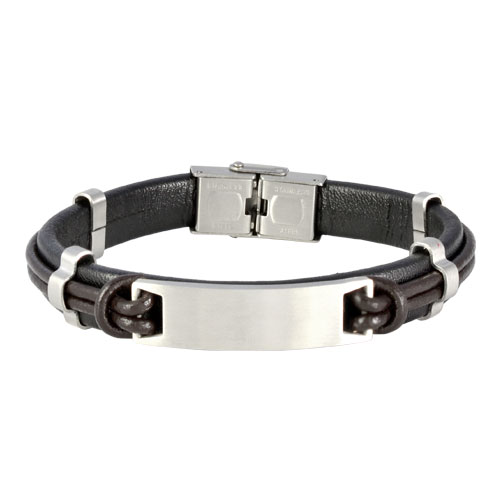Inspirit Black Leather And Steel Bracelet ( TLB318-2)