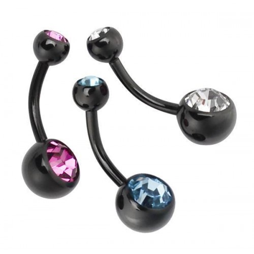 Black PVD Coated Steel Double Jewelled Navel Bar (PFB88-10)