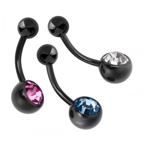 Black PVD Coated Steel Single Jewelled Navel Bars (PFB80-10)