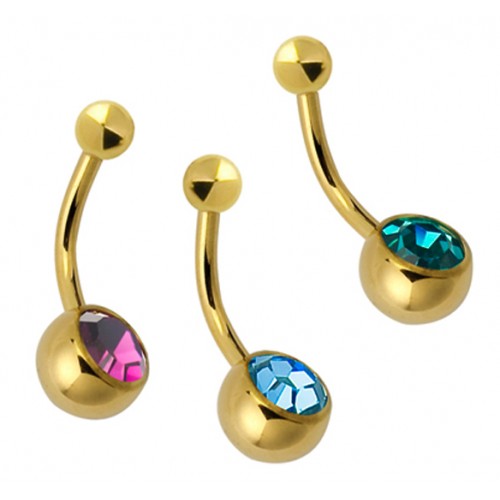 Gold PVD Coated Steel Single Jewelled Navel Bars (PFG80-10)