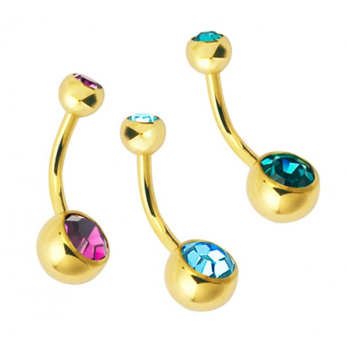 Gold PVD Coated Steel Double Jewelled Navel Bar (PFG88-10)
