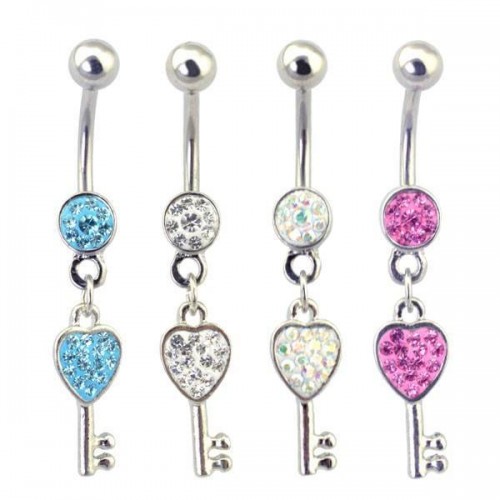 Rhodium Plated Glitzy Key Navel Bar (BBJ1840)