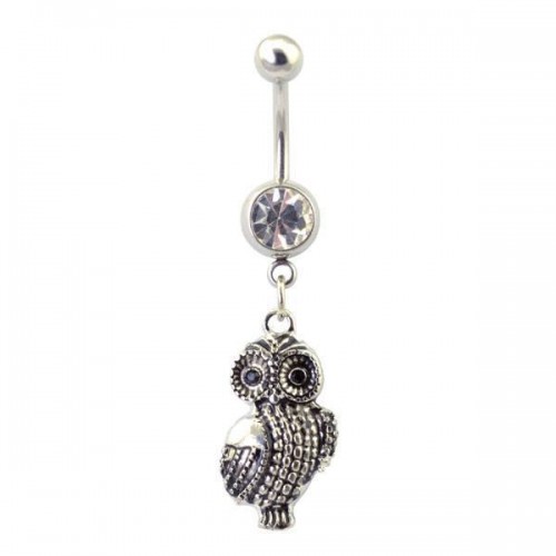 Rhodium Plated Owl Navel Bar (BBJ652)