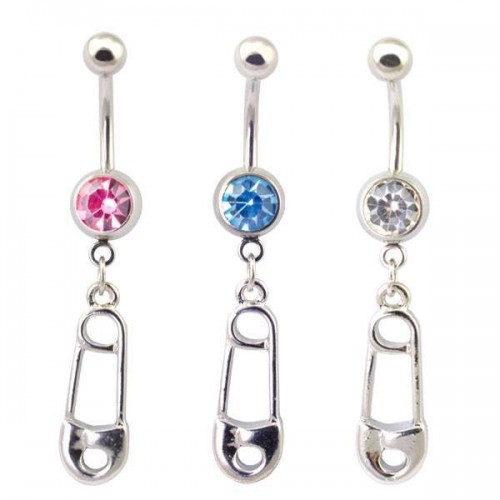 Steel & Rhodium Plated Safety Pin Navel Bar (BBJ1839)