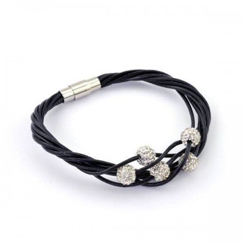 Leather & Stainless Steel Bracelet with Austrian Crystal (LSB069-C)