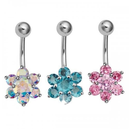 Rhodium & Steel Flower Navel Bar (BBJ416)