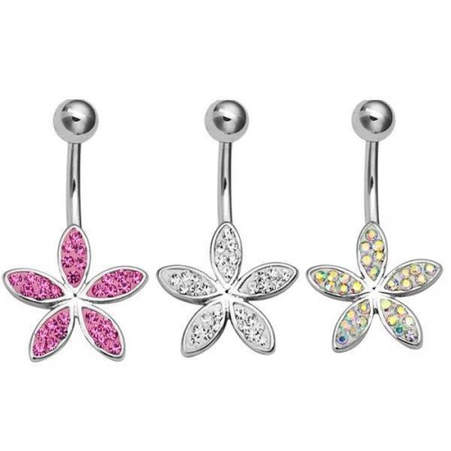 Rhodium & Steel Flower Navel Bar (BBJ196)