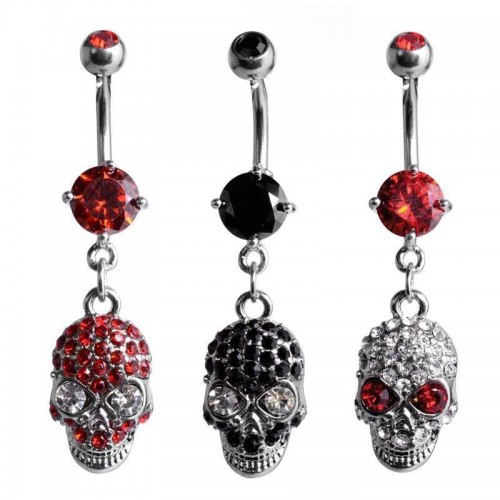 Rhodium & Steel Skull Navel Bar (BBJ2205)