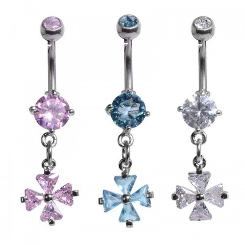 Rhodium & Steel Jewelled Cross Navel Bar (BBJ2259)